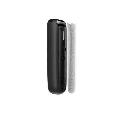 Jet Black Augmented Pattern Ploom AURA front panel side view, separated from device.
