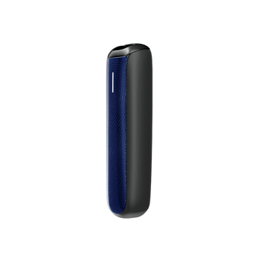 Side view of Ploom AURA front panel accessory in Navy Blue Augmented Pattern color.
