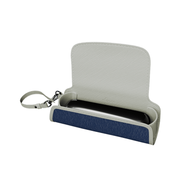 Lateral view of a Denim Leather Fusion Solo Carry Case with Ploom AURA device and sticks (not included)
