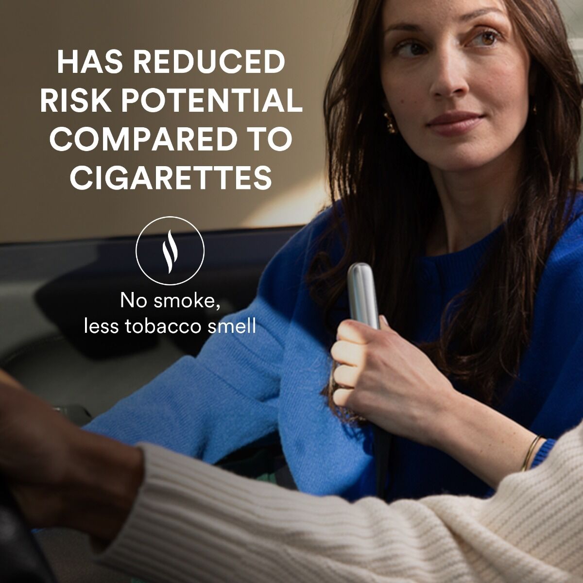 Text on image: 'Ploom EVO Sticks has reduced risk potential compared to cigarettes: no smoke, less tobacco smell.' Image shows a woman holding a Ploom AURA device.

