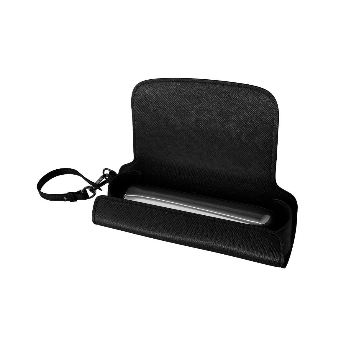 Lateral view of a Jet Black Solo Carry Case with Ploom AURA device and sticks (not included)
